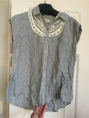 Maeve Blue and White Striped Button-Down Top with Lace Collar